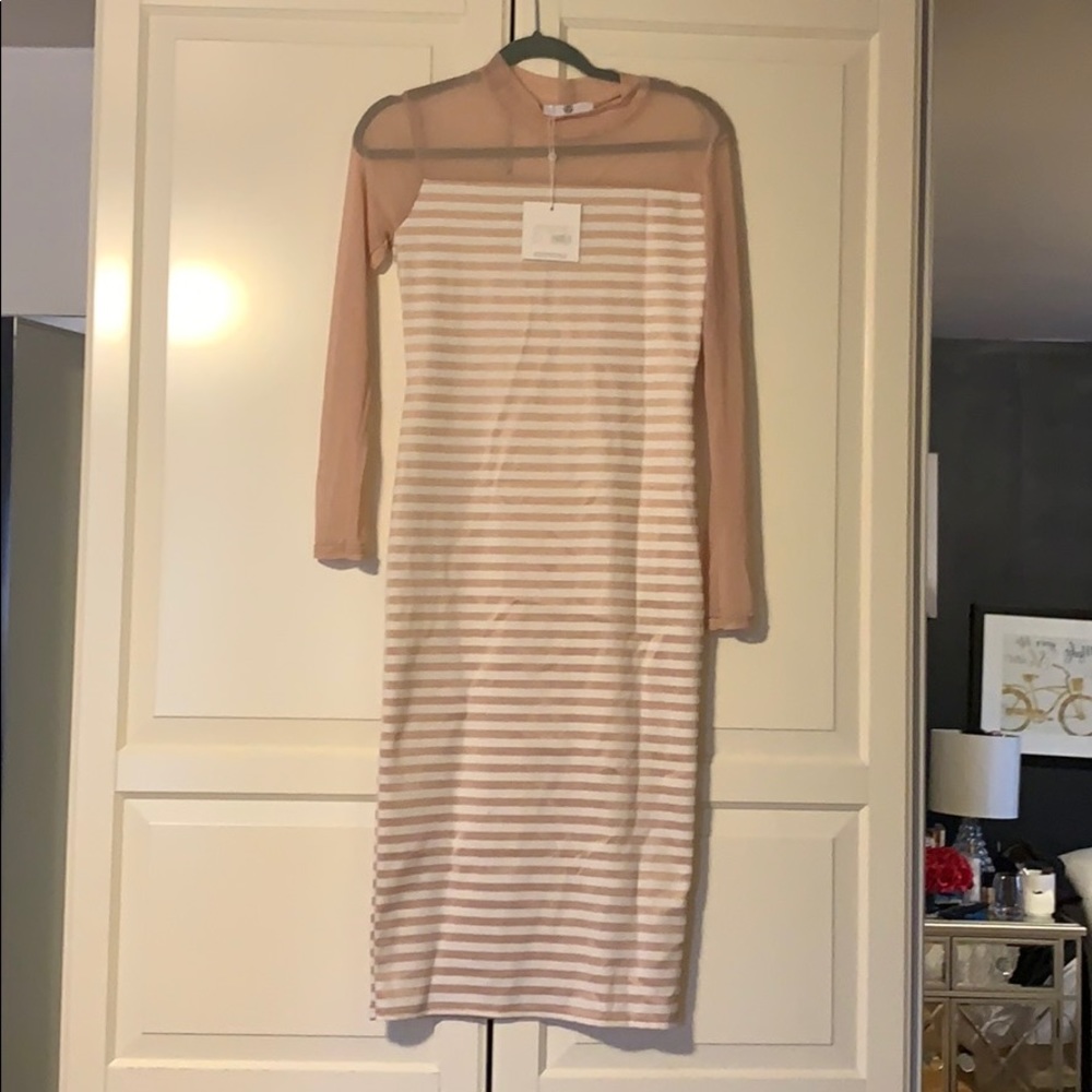 Long blush and white stripes, sheer sleeves dress